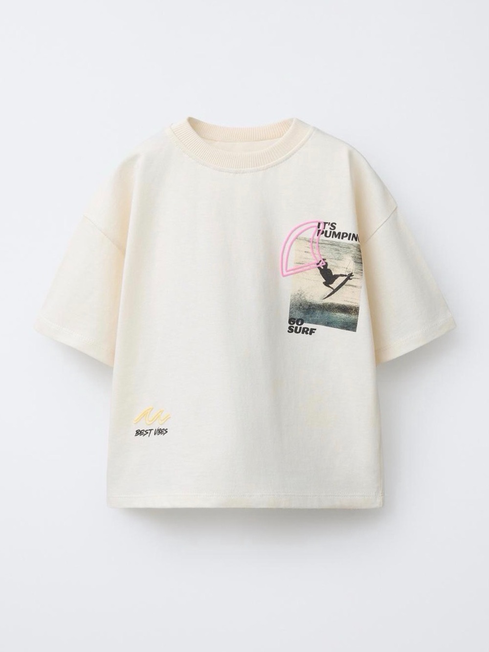 Zara Cream Graphic Surf Tee with Pink Accent